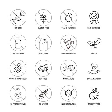 Food and cosmetic label icon set featuring dietary, ingredient-free and ethical claims for packaging design. The outline editable vector icons are well scalable for packaging label design. EPS10.