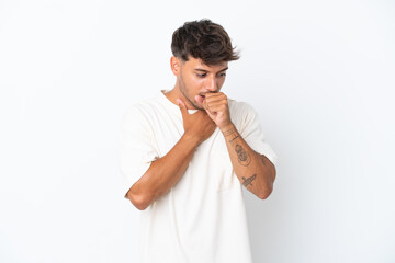 Young caucasian handsome man isolated on white background coughing a lot