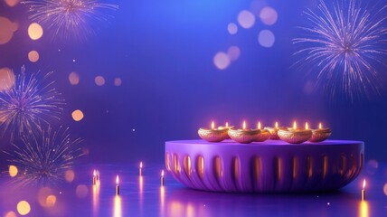 Banner design for diwali festival and podium,Diwali light decoration candle with fireworks,Stage,Product display Showcase design sparkle background,Deepavali,Dipavali,3D podium illustration.