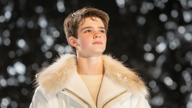 Young man in white fur-trimmed coat under winter lighting