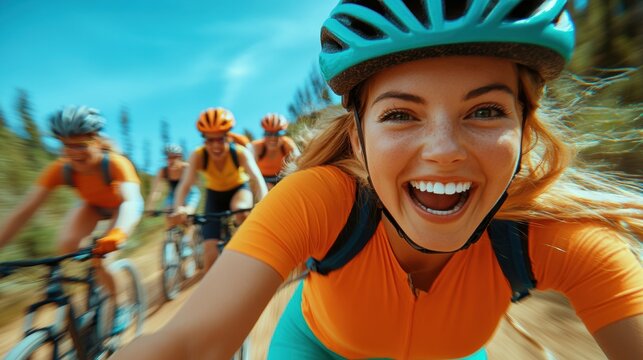 Group of friends enjoying a thrilling mountain biking adventure on a sunny day, AI - Powered by Adobe