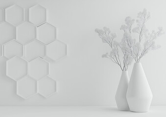 3D render of a white abstract background with hexagonal shapes in a white color. A Dimensional...