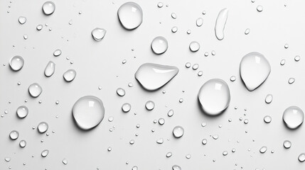 Water drops on a white background, a realistic photograph