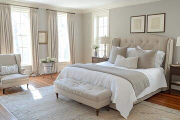 Fototapeta premium Sunlit Bedroom with Soft Shadows and Cozy Decor