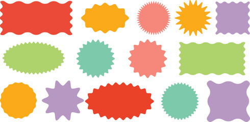 Vector frame set, colorful vintage zig zag, wavy edge shapes, abstract badge, label or stamp template collection , isolated