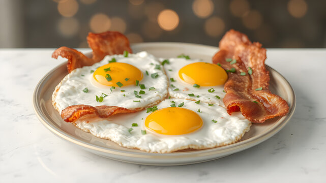 American breakfast with fried egg and becons on bokeh background.