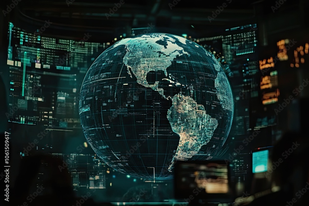 Aufkleber animation of data processing around the globe. global business and digital interface concept created