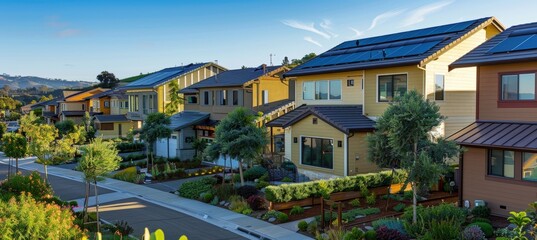 Fototapeta premium A modern residential community showcasing eco-friendly homes equipped with solar panels, green roofs, and smart technology. the neighborhood sustainable living and environmental consciousness.