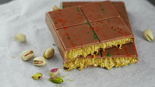 Trend Dubai chocolate with pistachio paste and kataifi dough. Confectionery handmade sweets at home in the kitchen. 