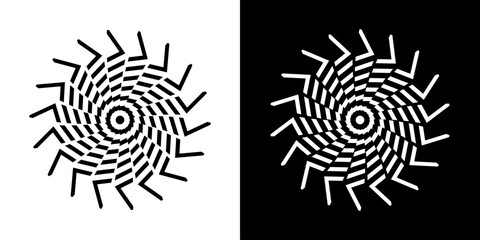 Abstract background with abstract line pattern in circles. Spiral art design as a logo or icon. A black figure on a white background and the same white figure on a black side. Mandala design with line