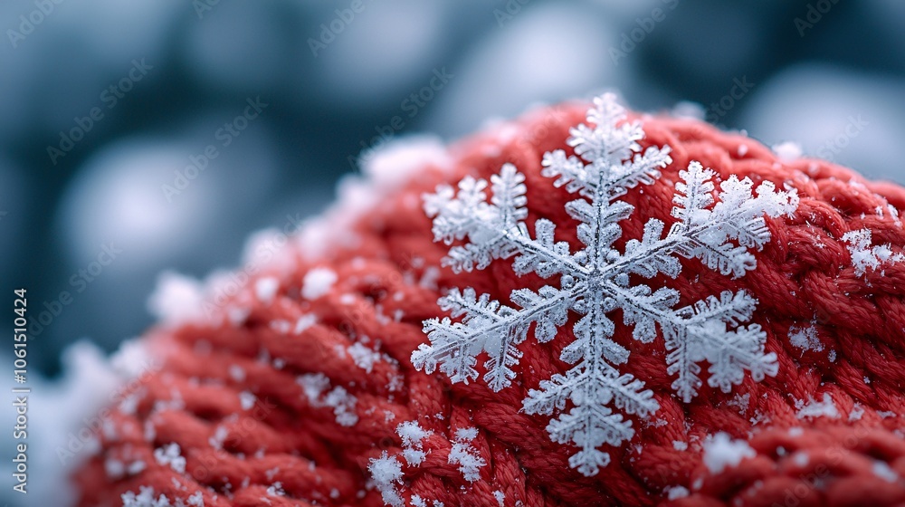 Poster macro close up of snowflake on red knitted fabric winter texture background