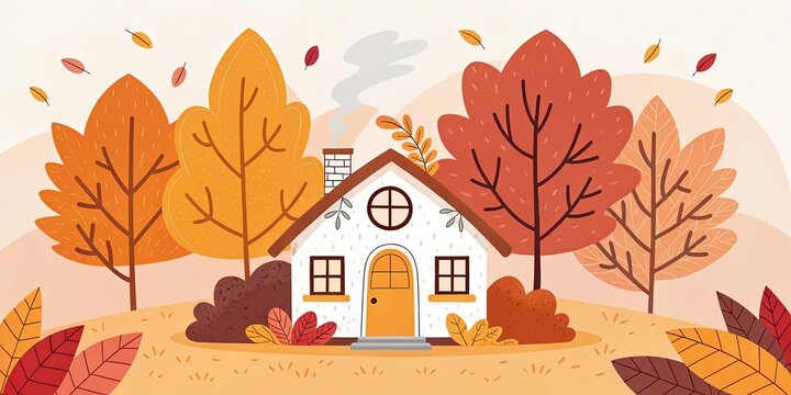 minimalist cute cartoon fall leaves house background