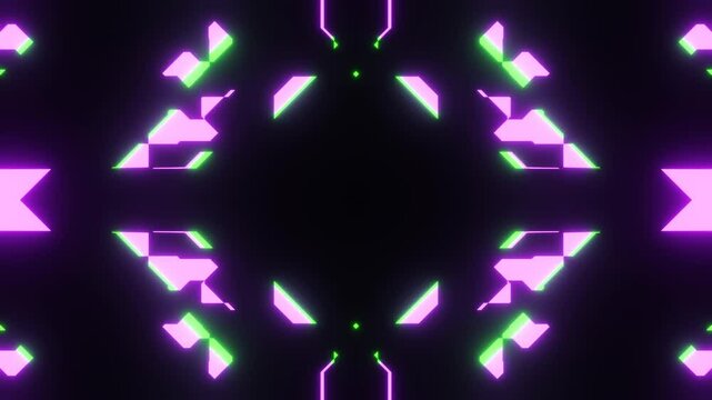 Kaleidoscopic patterns are forming with neon green and pink lights. This vj loop is ideal for electronic music projects, shows and performances