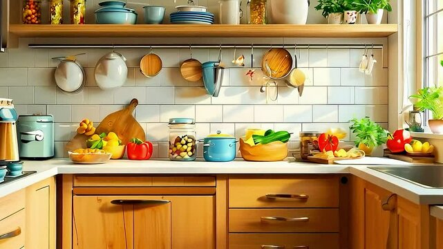  kitchen with  wooden cabinets  and  a white tile backsplash