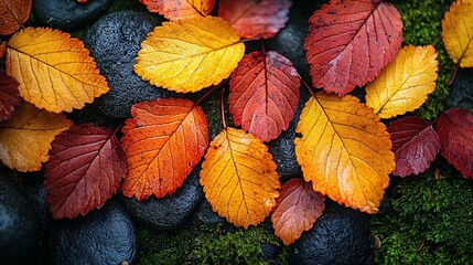 Autumn Leaves on Rocks and Moss Fall Foliage Nature Background