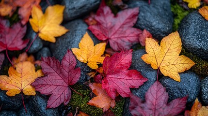 Autumn Leaves on Rocks Red Yellow Nature Background
