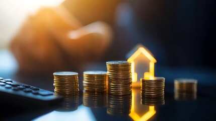 Coins with a house model, calculator in a financial concept.