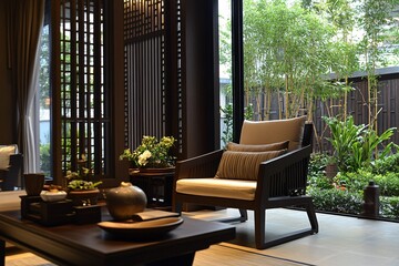 Fototapeta premium Modern Armchair in Cozy Living Room with Garden View