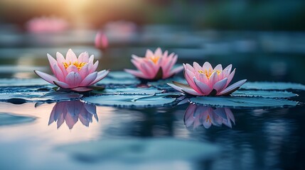 Pink Water Lily Flowers Blooming in a Pond at Sunset
