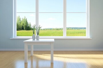 Minimalist Dining Room with White Table and View