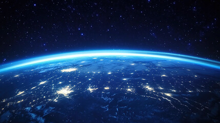 Fototapeta premium Beautiful blue planet Earth with glowing lights and stars seen from space, wide angle