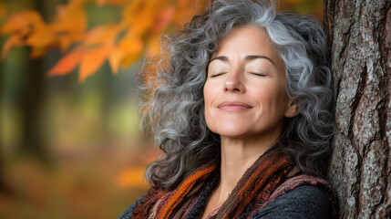 Naklejka premium Embracing nature, middle aged woman with gray hair enjoys tranquility
