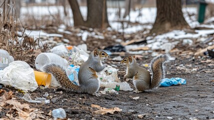 Squirrels playfully interacting with colorful plastic waste in a garbage dump nestled in a forest, highlighting environmental pollution and its impact on wildlife, creating a poignant visual