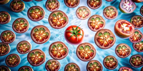 Surreal Tomato Slices Dance: Vivid Red Patterns on a Bright Blue Background for Unique Kitchen Decor and Food Photography Inspiration