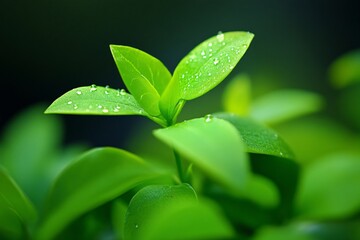 Fresh Green Leaves with Water Droplets on Texture Background