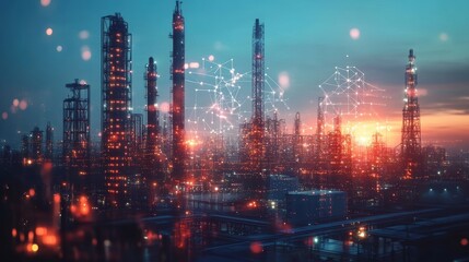 Modern factory, communication network. Telecommunication. IoT, Internet of Things, ICT, Information communication Technology,. Smart factory. Digital transformation, cloud connecting, generate by AI
