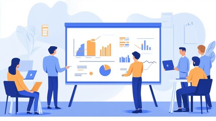 A person using a whiteboard to show the plan to follow, economic graphs can be seen, meeting room, people looking at the presenter, they are planning financially, managerial environment
