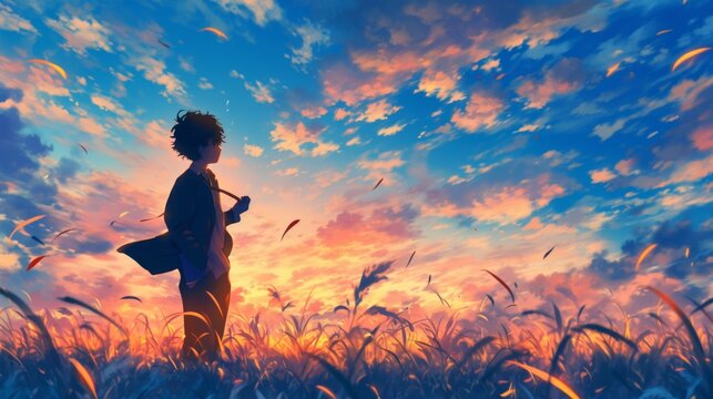 Anime youth standing in an expansive field observing the captivating sunset as colorful clouds create a magical atmosphere filled with wonder and tranquility