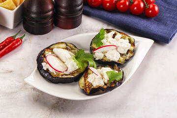 Grilled eggplant with cheese and radish