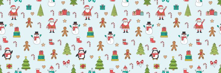 Christmas seamless texture with cute cartoon decorations. Vector illustration
