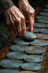 Hands skillfully place decorative stones in various patterns, showcasing artistry and mindfulness in a tranquil outdoor setting