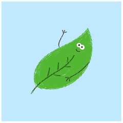 Hand drawn crayon style leaf character design, cute whimsical leaf character illustration