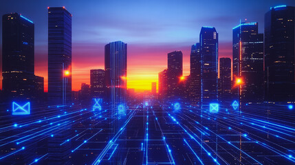 Smart digital city with connection cyber security network reciprocity over the cityscape . future smart wireless digital city and social media networking systems that connects people within the city
