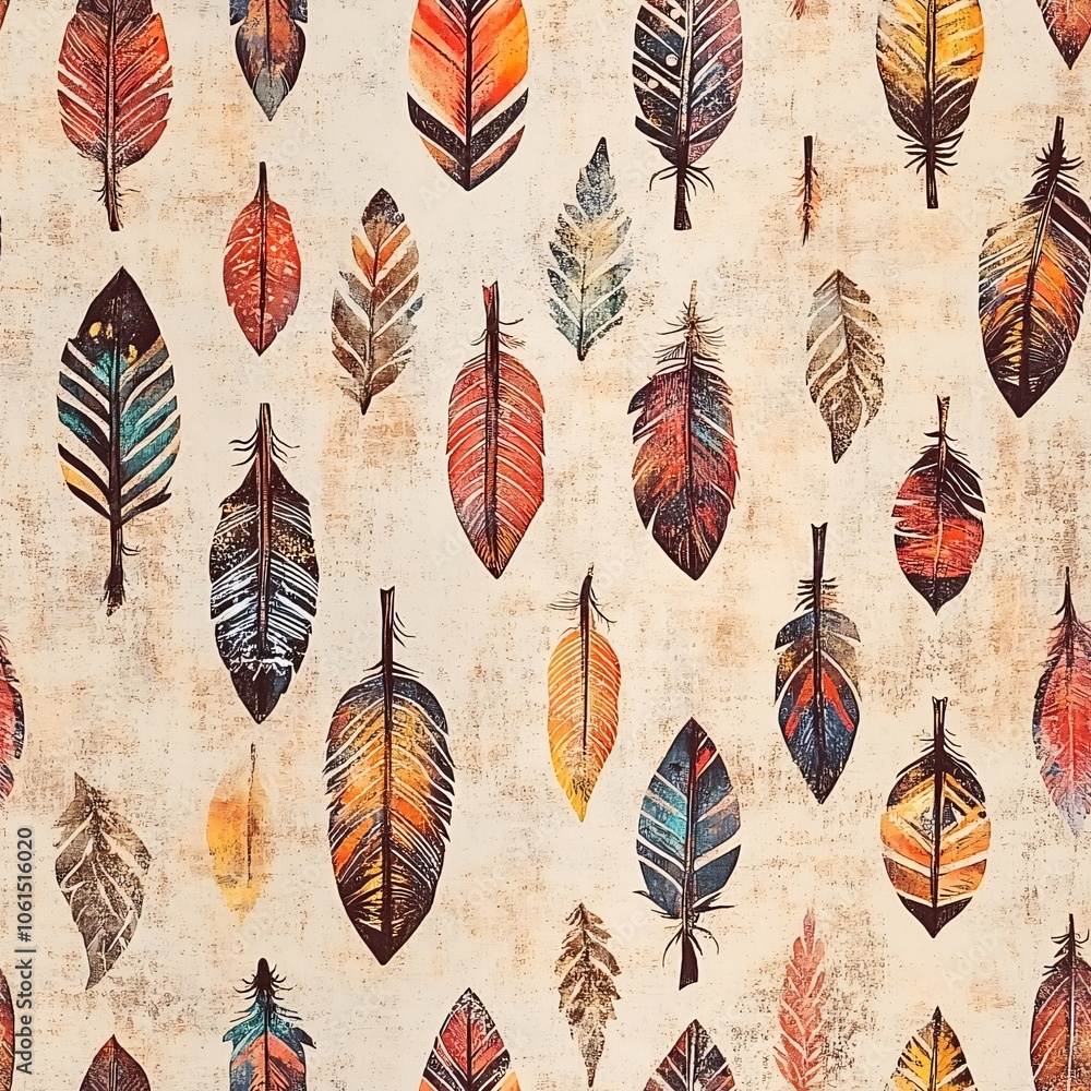 Poster bohemian feathers and arrows(seamless pattern and tile image)