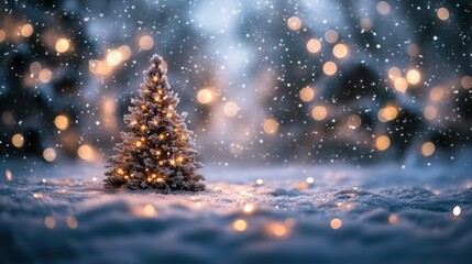 Christmas snow light background in a quiet forest with twinkling lights reflecting off snowy trees