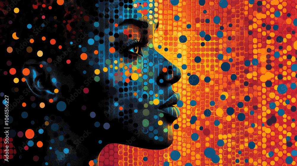 Poster the profile of a woman is enhanced by a vivid array of colorful dots, creating an eye-catching abstr