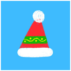 Hand drawn winter beanie illustration, hand drawn crayon style santa winter beanie illustration