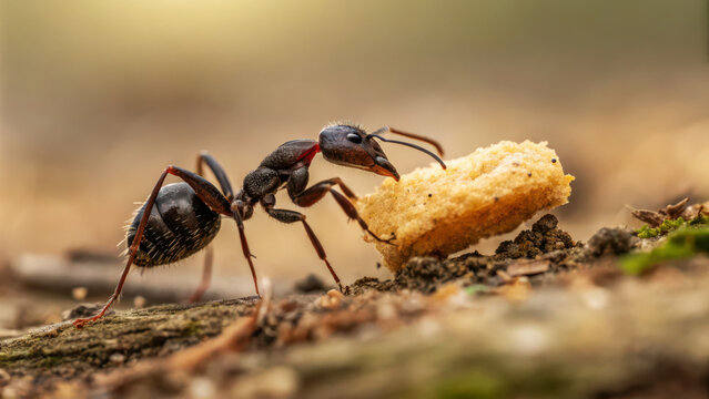 Ant carrying food, nature environment, close-up shot, detail emphasis.