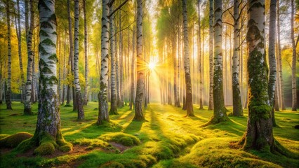 Obraz premium Tranquil Autumn Forest in Tver Region, Russia - Old Birches and Pines Surrounded by Soft Green Moss on a Bright Sunny Day