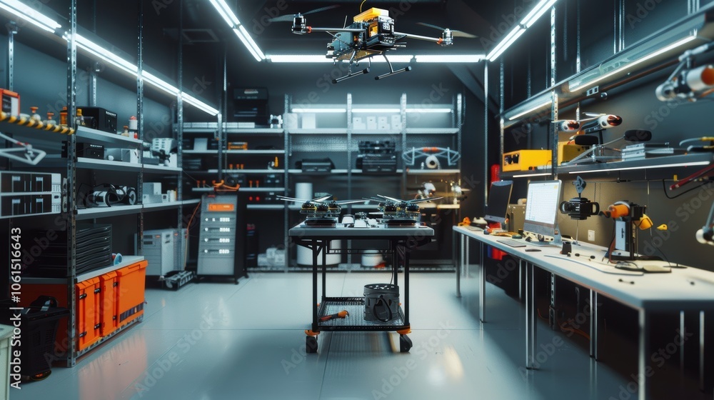 Poster drone engineering workshop: high-tech assembly and testing space for modern innovation