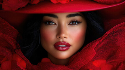 The subject showcases bold red lipstick and striking eye makeup, exuding confidence while framed by lush red flowers and fabric