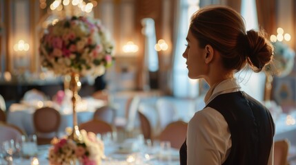 Wedding Planner in Elegant Banquet Hall with Floral Arrangements and Refined Table Settings