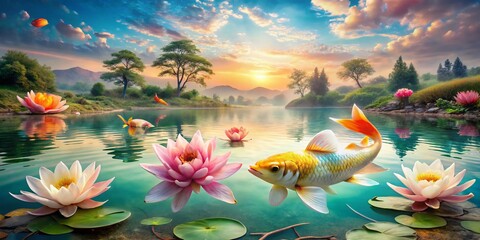 Tropical Double Exposure of Sandy Beach and Colorful Koi Fish with Lotus Flowers for Relaxation and Serenity