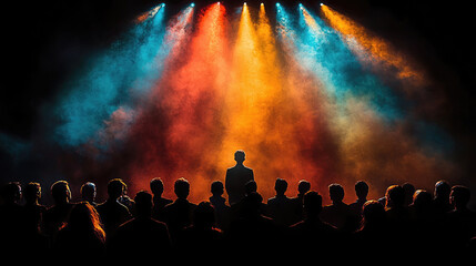 Naklejka premium A performer stands in front of an enthralled audience, with colorful stage lights illuminating the smoke-filled atmosphere during a live show