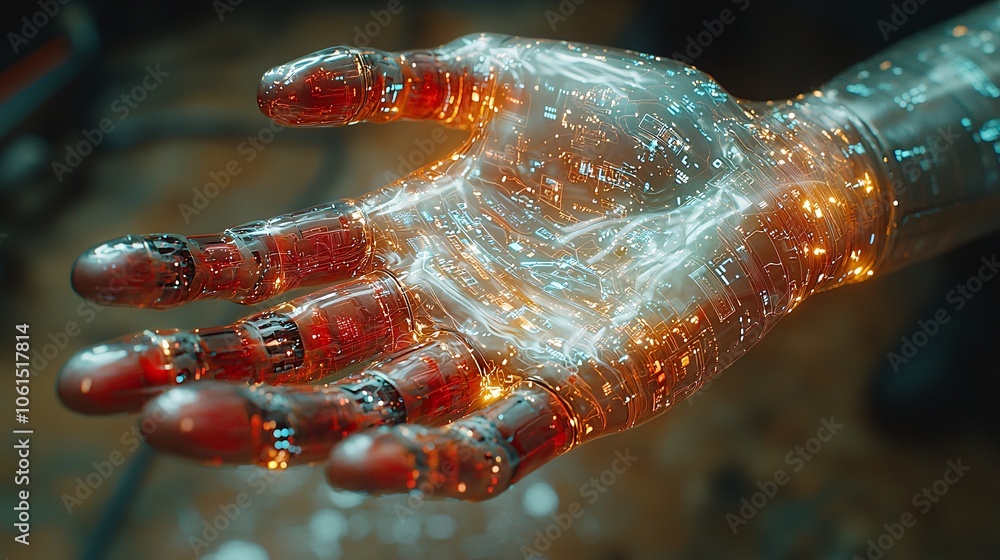 Poster Futuristic Robotic Hand with Glowing Circuits and Digital Interface