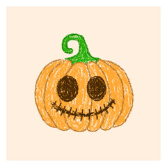 Hand drawn crayon style halloween pumpkin illustration, whimsical halloween pumpkin illustration